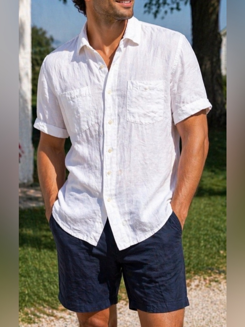 -Polo Ralph Lauren Linen/Silk Blend Casual Button-Down Bone Shirt w/Logo Men XXL